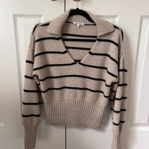 Reformation Beige and Black Striped V-Neck Sweater